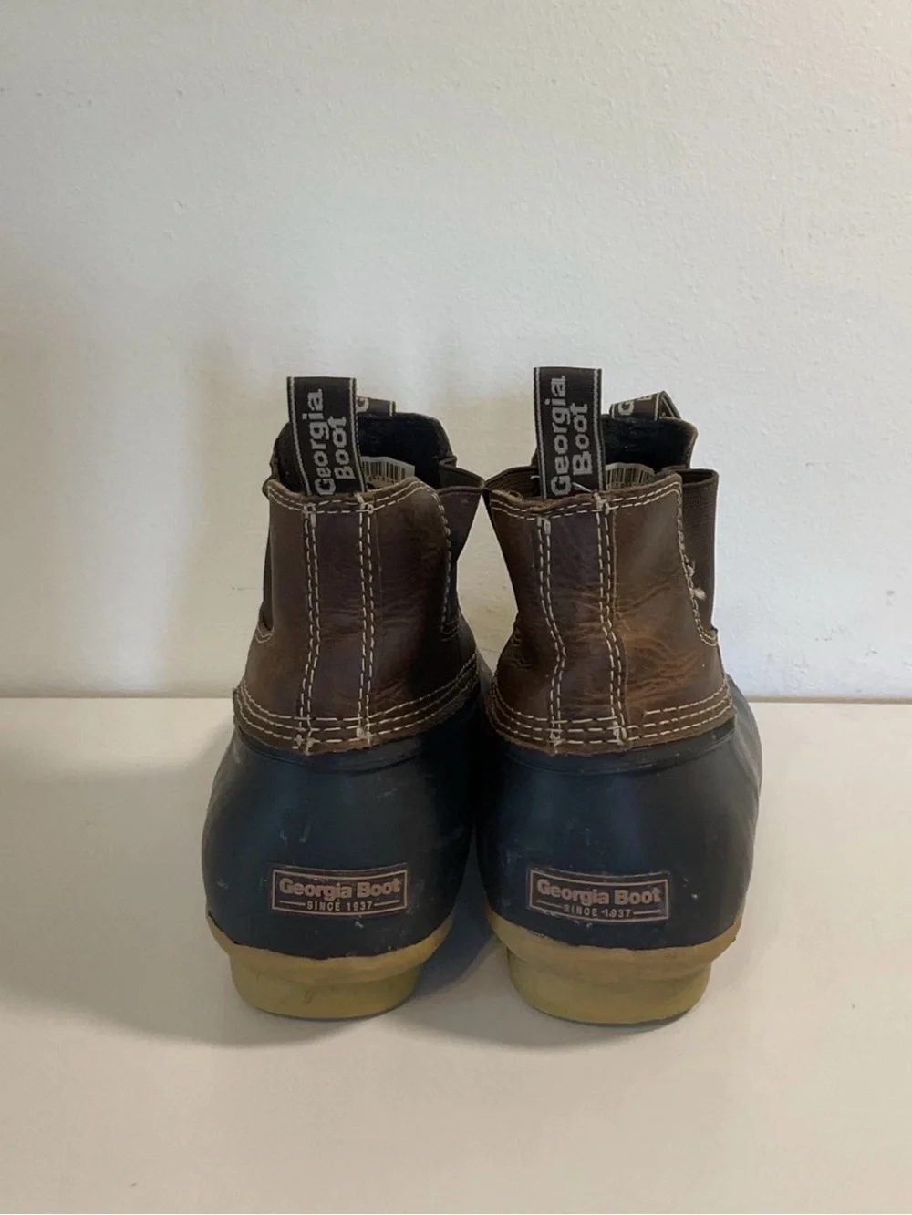 Georgia Boot Brown Leather and Black Rubber Duck Boots with Tan Soles Size 8